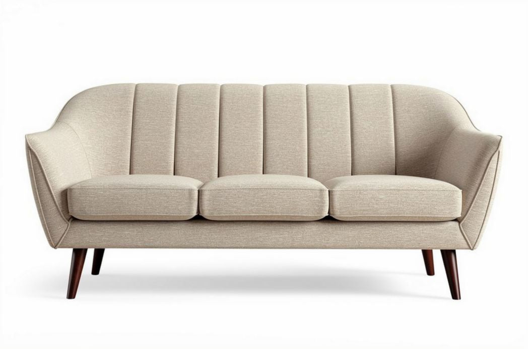 Mid-century modern sofa in beige fabric with wooden legs 200 x 90 x 80cm