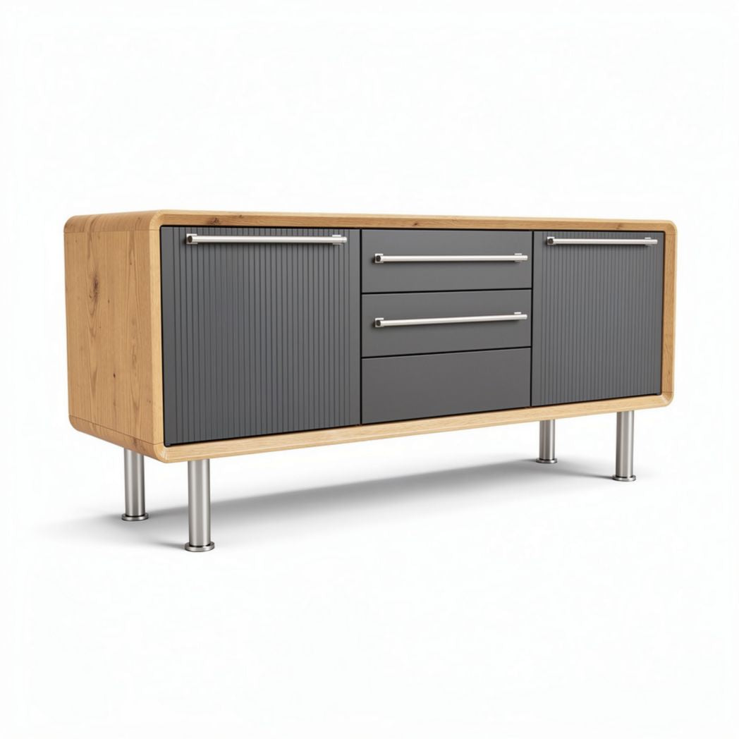 Modern wooden sideboard with grey doors and stainless steel legs 150 x 45 x 70cm