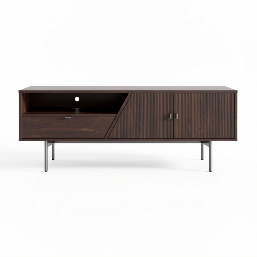 Walnut wood media console with storage drawers and open shelving 150 x 45 x 50cm