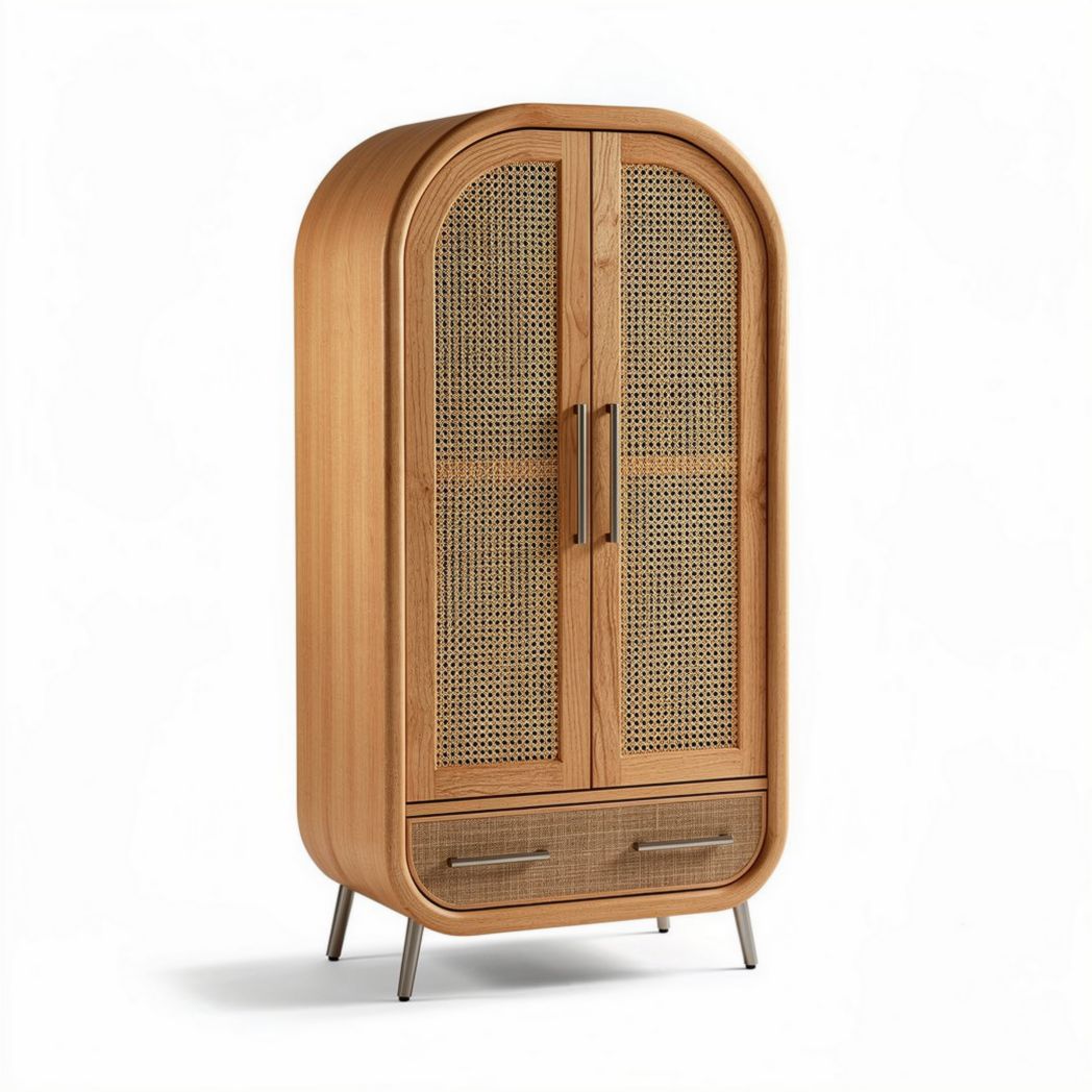 Rattan and wood storage cabinet with two drawers in natural finish 80 x 40 x 120cm