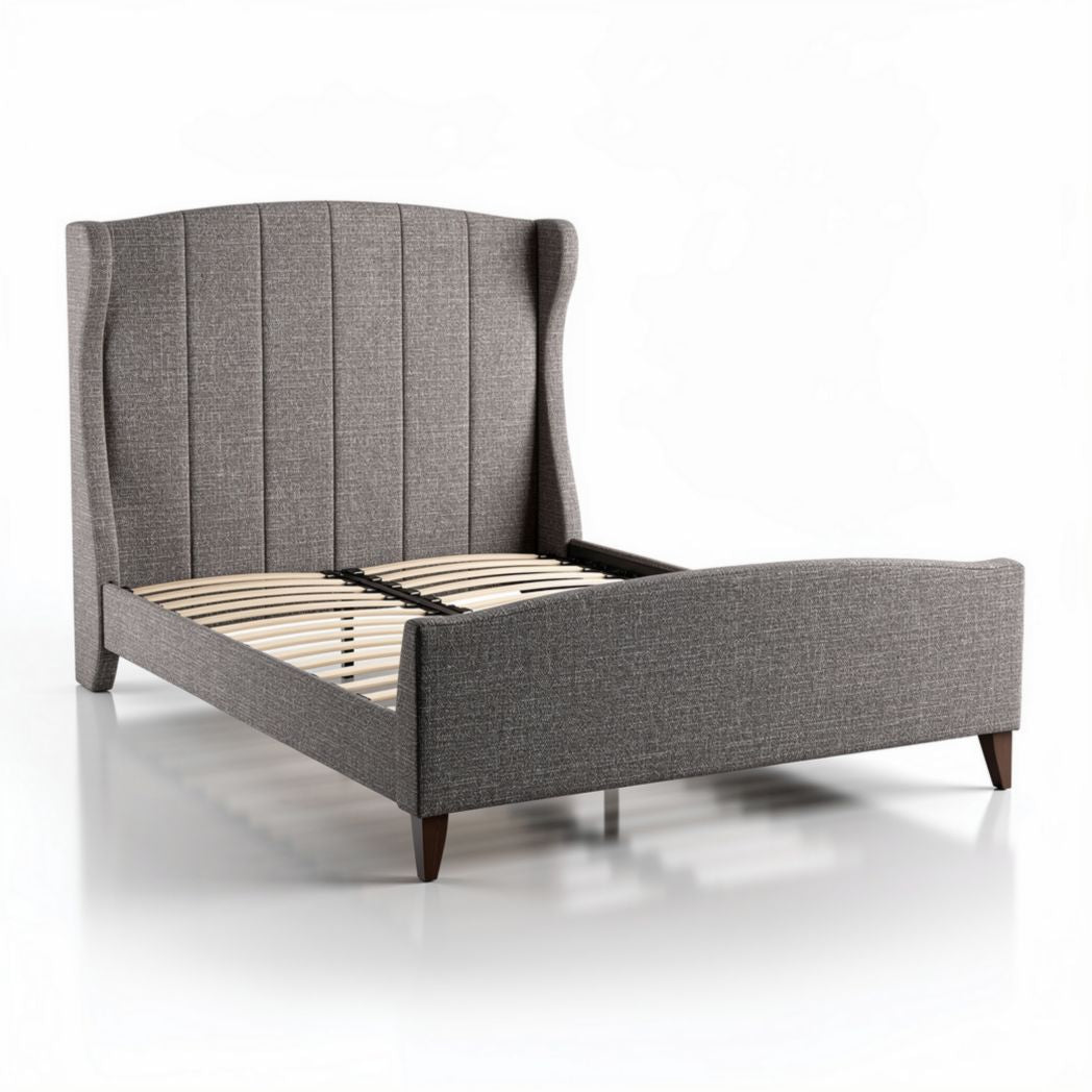 Upholstered fabric bed frame with wooden legs and slatted support in gray 200 x 160 x 100cm