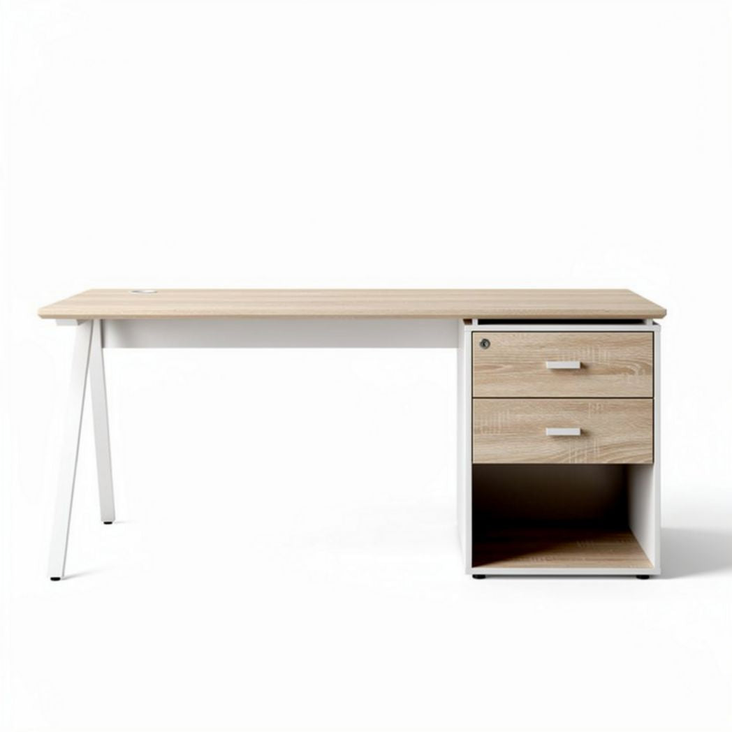 Wooden desk with storage drawer and open shelf in natural finish 150 x 75 x 75cm