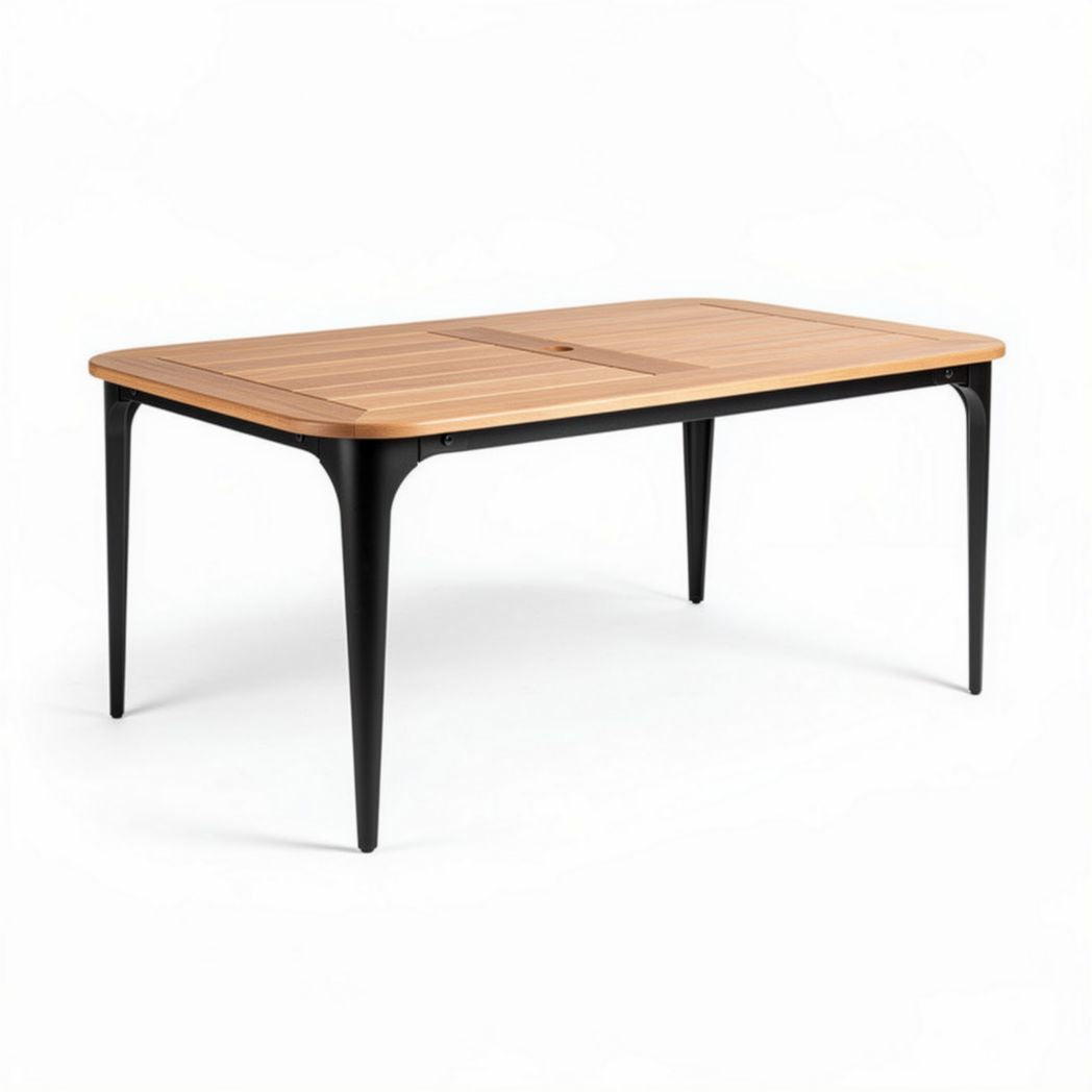 Outdoor dining table featuring wooden top and metal legs 160 x 80 x 75cm