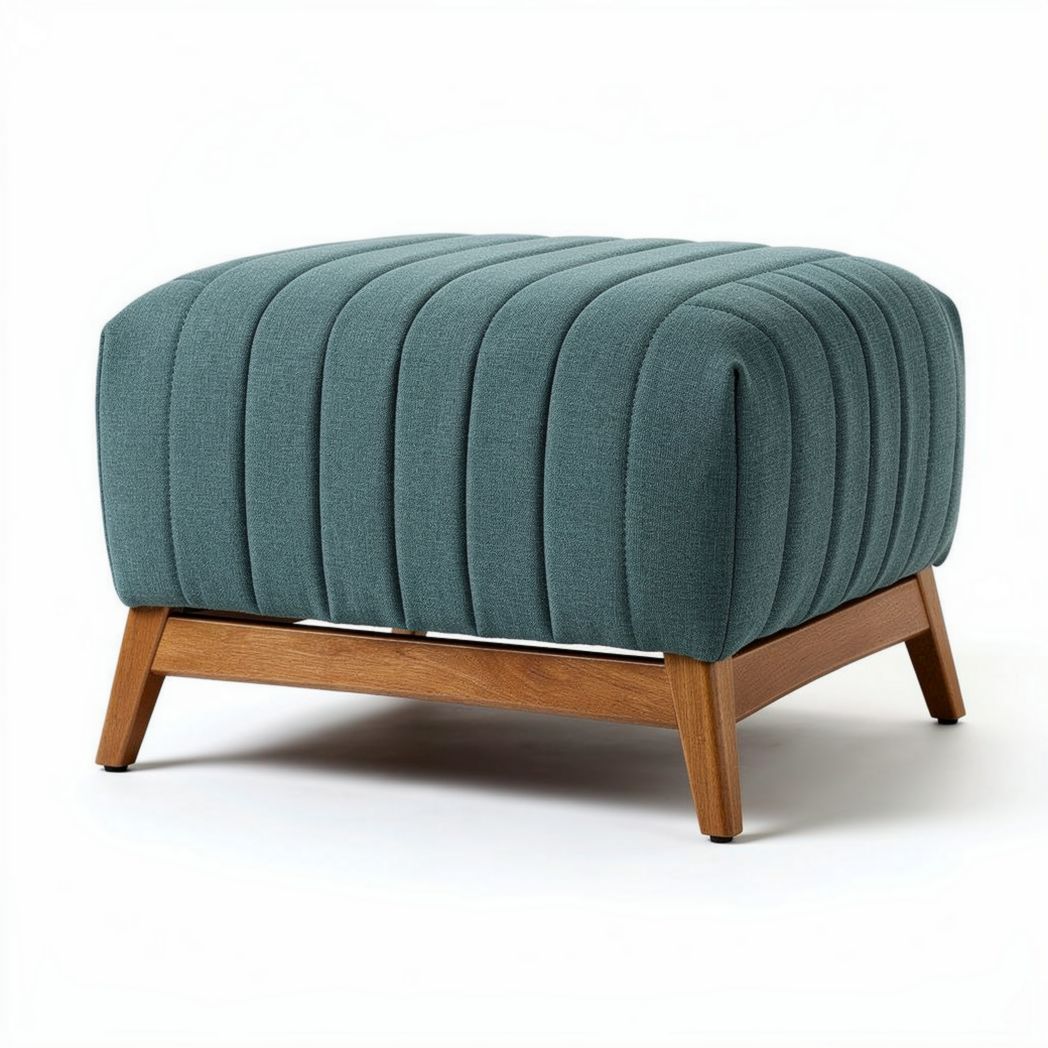 Upholstered ottoman in teal fabric with wooden legs 60 x 60 x 40cm