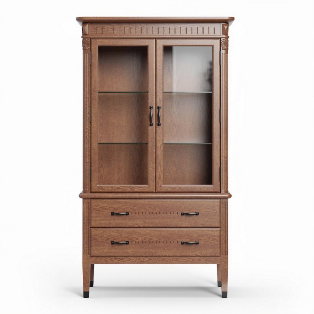 Wooden display cabinet with glass doors and two storage drawers 80 x 40 x 180cm