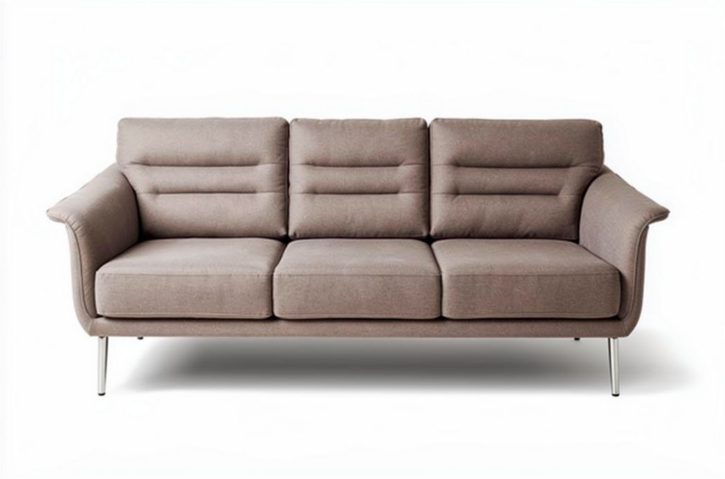 Modern three-seat sofa in light brown fabric with metal legs 220 x 85 x 85cm