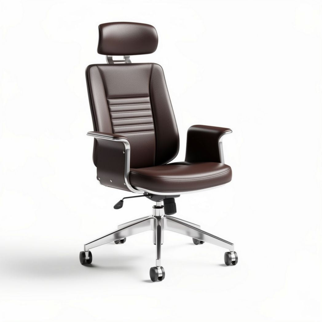 Brown leather ergonomic office chair with adjustable headrest and armrests 45 x 60 x 110cm